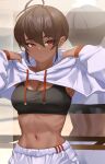  1girl ahoge armpit_peek back breasts brown_hair dark-skinned_female dark_skin eyebrows_visible_through_hair hair_between_eyes highres hood hood_down medium_breasts mirror navel original rakuga_kiya red_eyes reflection short_hair solo sports_bra toned 