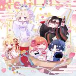  5girls ahoge banpen_(todoroki_hajime) black_hair blonde_hair blue_eyes blue_hair boat cup dog flower flute grey_hair hair_flower hair_ornament highres hiodoshi_ao hololive hololive_dev_is ichijou_ririka instrument japanese_clothes juufuutei_raden kimono mole mole_under_mouth multicolored_hair multiple_girls one_eye_closed orange_hair otonose_kanade purple_eyes recorder red_eyes regloss_(hololive) sakazuki todoroki_hajime twintails two-tone_hair virtual_youtuber watercraft wide_sleeves xkcnsx 