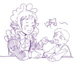  2boys ^_^ affectionate aged_down alternate_costume baby bowl closed_eyes crossdressing dungeon_meshi elf enmaided feeding happy holding holding_bowl holding_spoon looking_at_another maid maid_headdress male_maid monochrome multiple_boys munanrener pointy_ears purple_theme simple_background sketch spoon thistle_(dungeon_meshi) upper_body yaad_(dungeon_meshi) 