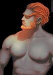  1boy bad_id bad_tumblr_id bara beard black_background closed_mouth colored_skin ear_chain earrings facial_hair forked_eyebrows ganondorf green_skin hair_slicked_back highres jewelry male_focus mature_male muscular muscular_male mustache nipples orange_hair pectorals profile randombaradude short_hair simple_background solo the_legend_of_zelda thick_beard thick_eyebrows upper_body yellow_eyes 
