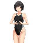  1girl amagami black_eyes black_hair black_swimsuit bob_cut commentary_request competition_swimsuit cowboy_shot highleg highleg_swimsuit highres looking_at_viewer milestone_celebration nanasaki_ai one-piece_swimsuit short_hair simple_background solo swimsuit white_background ykh1028 