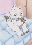  anthro bandai_namco bed blush candy chibi chocolate claws dessert digimon digimon_(species) digimon_ghost_game eating food furniture gammamon hi_res horn male on_bed sitting solo tabasukotrr traditional_media_(artwork) white_body wings yellow_eyes 