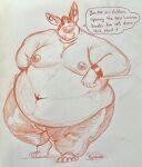 anthro barefoot belly big_belly bottomwear clothing cuff_(restraint) dialogue elbow_on_table feet hi_res karrnade lagomorph leaning leaning_forward leporid looking_at_viewer male mammal moobs navel nipple_piercing nipples overweight overweight_anthro overweight_male pants piercing rabbit restraints shirtless soft_belly solo speech_bubble standing thick_thighs wrist_cuffs