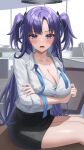  1girl absurdres arms_under_breasts black_halo black_skirt blue_archive blue_eyes blue_hair blurry blurry_background blush breasts cleavage collarbone collared_shirt commentary_request crossed_arms halo highres indoors large_breasts long_hair long_sleeves looking_at_viewer mechanical_halo mella_(mell_a12) office office_lady open_mouth parted_bangs parted_lips pencil_skirt shirt shirt_tucked_in sitting sitting_on_object skirt sleeves_rolled_up solo triangle_hair_ornament two_side_up v-shaped_eyebrows white_shirt yuuka_(blue_archive) 