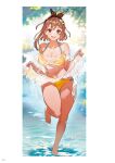  1girl atelier_(series) atelier_ryza atelier_ryza_3 barefoot bikini blush bracelet breasts brown_eyes brown_hair closed_mouth collarbone day full_body hair_ornament hairclip highres holding jewelry leg_up legs looking_at_viewer medium_breasts medium_hair navel official_art open_mouth outdoors page_number reisalin_stout see-through simple_background smile solo stomach swimsuit teeth thighs toes toridamono upper_teeth_only wading water water_drop x_hair_ornament yellow_bikini 