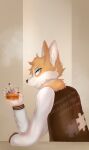 alcohol anami_chan anthro beverage big_ears blue_eyes canid canine canis clothing domestic_dog fur happy herding_dog hi_res jacket male mammal mike_mordy(anami_chan) orange_body orange_fur pastoral_dog smile solo topwear welsh_corgi whiskey white_body white_fur