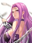  1girl absurdres back bangs bare_shoulders black_dress breasts chain collar detached_sleeves dress facial_mark fate/stay_night fate_(series) forehead forehead_mark highres large_breasts long_hair looking_at_viewer looking_back medusa_(fate) medusa_(rider)_(fate) nameless_dagger_(fate) parted_bangs purple_eyes purple_hair sidelocks takehana_note very_long_hair 