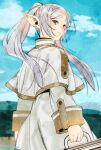  abe_tsukasa closed_mouth cowboy_shot dangle_earrings dress earrings frieren grey_hair highres holding holding_suitcase jewelry long_hair long_sleeves looking_at_viewer looking_back official_art outdoors pointy_ears sky smile sousou_no_frieren suitcase twintails twitter_username white_dress 