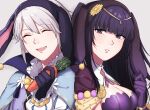  1boy 1girl animal_ears bangs black_hair blunt_bangs breasts carrot closed_eyes eyebrows_visible_through_hair fake_animal_ears fire_emblem fire_emblem_awakening fire_emblem_heroes gloves hair_between_eyes hair_ornament henry_(fire_emblem) highres holding holding_carrot long_hair looking_at_viewer official_alternate_costume open_mouth parted_lips peach11_01 rabbit_ears short_hair silver_hair teeth tharja_(fire_emblem) twitter_username upper_body upper_teeth 