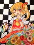  1girl ascot blonde_hair blue_flower blush bouquet checkered_background crystal fang flandre_scarlet flower frilled_shirt_collar frilled_sleeves frills hair_ribbon leaf looking_at_viewer medium_hair moyashi_(shinonome) multicolored_wings no_headwear one_side_up open_mouth orange_flower pink_flower pink_rose pointy_ears puffy_short_sleeves puffy_sleeves purple_flower red_eyes red_flower red_ribbon red_rose red_skirt red_vest ribbon rose shirt short_sleeves skirt skirt_set solo touhou vest white_shirt wings wrist_cuffs yellow_ascot yellow_flower 
