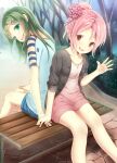  2girls :d aqua_eyes back-to-back bare_legs bench black_jacket blue_shirt blue_shorts breasts casual collarbone commentary_request dress erio_patrol eyebrows_visible_through_hair feet_out_of_frame green_hair hair_bun hair_ornament hand_on_lap hand_up head_tilt highres holding_hands jacket kobayashi_matcha long_hair looking_at_viewer looking_back masaoka_azuki multiple_girls open_clothes open_jacket open_mouth outdoors pink_dress pink_eyes pink_hair shirt short_dress shorts sitting skull_hair_ornament small_breasts smile t-shirt uta_kumi_575 waving x_hair_ornament 