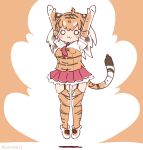  1girl animal_ears animal_print arms_up brown_background brown_hair coroha elbow_gloves extra_ears full_body garter_straps gloves jumping kemono_friends kemono_friends_3 long_hair looking_at_viewer necktie shirt shoes simple_background skirt solo sumatran_tiger_(kemono_friends) tail thighhighs tiger_ears tiger_girl tiger_print tiger_tail 
