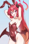  1girl armpits arms_behind_head black_horns blue_archive blush breasts brown_leotard brown_wings collarbone cowboy_shot demon_horns demon_wings fang groin halo highres horns hr.r junko_(blue_archive) leotard long_hair open_mouth red_eyes red_hair red_halo skin_fang small_breasts smile solo strapless strapless_leotard wings 
