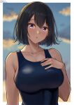  1girl akitsu_maru_(kancolle) black_eyes black_hair black_one-piece_swimsuit blush border breasts cloud cloudy_sky collarbone dated hand_on_own_chest highres kantai_collection large_breasts looking_at_viewer one-piece_swimsuit open_mouth school_swimsuit shiromaru_(maniado) short_hair signature sky solo sunset swimsuit tongue tongue_out twitter_username upper_body white_border 