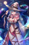  1girl bangs blue_hair breasts chain cleavage detached_sleeves dress fairy_godmother_(grimms_echoes) forest gem grimms_echoes hair_between_eyes hat large_breasts makihitsuji moon nature night night_sky official_art open_mouth red_eyes sky smile solo wand white_dress witch_hat 