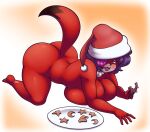 2023 all_fours anthro big_breasts big_butt biped black_hair black_markings black_nose breast_squish breasts butt canid canine christmas christmas_clothing christmas_headwear clothing cookie dipstick_tail female food fox gem hair hat hat_only headgear headgear_only headwear headwear_only hi_res hidden_orosubi holding_cookie holding_food holding_object holidays hyoumaru jewelry looking_at_viewer mammal markings mature_female mostly_nude necklace pearl_(gem) pearl_necklace plantigrade santa_hat short_hair simple_background solo squish tail tail_markings white_background