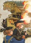  ammunition ammunition_belt anchor_symbol armored_train armored_vehicle artillery axdg bandolier binoculars blonde_hair blue_jacket brown_eyes brown_hair cyrillic dshk firing grey_sweater gun hat heavy_machine_gun highres holding holding_binoculars holding_gun holding_weapon jacket locomotive looking_ahead looking_to_the_side machine_gun military military_hat military_uniform military_vehicle multiple_girls muzzle_flash original ponytail railroad_tracks red_star russian_text sailor sailor_collar sailor_hat siege_of_sevastopol smoke soviet soviet_naval_infantry soviet_navy star_(symbol) sweater train turret turtleneck turtleneck_sweater uniform weapon world_war_ii 