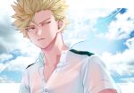  bakugou_katsuki blonde_hair boku_no_hero_academia cloud cloudy_sky highres looking_at_viewer male_focus one_eye_closed red_eyes school_uniform seoltang_(nitro_sugar) shirt short_hair sky spiked_hair u.a._school_uniform wet white_shirt 