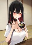  1girl absurdres amane_sora black_choker black_hair blurry blurry_background blush bowl breasts choker chopsticks cleavage collarbone colored_inner_hair commentary_request double-parted_bangs food food_in_mouth food_request hair_between_eyes highres holding holding_bowl holding_chopsticks indoors kotatsu large_breasts long_hair mochi mochi_trail mole mole_on_breast mole_under_mouth multicolored_hair one_eye_closed original red_eyes red_hair shirt short_sleeves shouji sitting sliding_doors solo table tatami upper_body white_shirt 