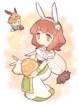  1boy 1girl alternate_costume animal_ears blue_scarf brown_fur character_request chibi chibi_inset closed_mouth egg eyelashes fire_emblem fire_emblem_heroes floral_background flower haconeri hat holding holding_egg invisible_chair orange_headwear rabbit rabbit_ears red_eyes red_hair scarf short_hair sitting smile solid_oval_eyes white_background white_flower white_fur 