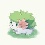  animal_focus artist_name closed_mouth colored_skin commentary_request flower green_eyes green_hair highres iwasi_29 leaf no_humans on_grass pink_flower pokemon pokemon_(creature) shaymin shaymin_(land) simple_background sitting smile twitter_username white_skin 