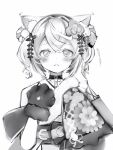  1girl absurdres animal_ear_fluff animal_ears animal_hands blush choker crossed_bangs dog_ears dot_nose frown fur_collar gloves greyscale hair_between_eyes hair_ornament highres hololive hololive_english japanese_clothes kimono leaf_hair_ornament looking_at_viewer mococo_abyssgard mococo_abyssgard_(new_year) monochrome nanashi_(nlo) paw_gloves short_hair simple_background solo upper_body virtual_youtuber 