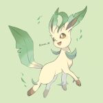  animal_focus artist_name bright_pupils brown_eyes brown_fur commentary_request green_background highres iwasi_29 leaf leafeon no_humans open_mouth pokemon pokemon_(creature) simple_background smile tail twitter_username 