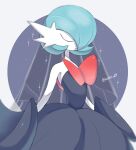  alternate_color artist_name blue_hair closed_eyes closed_mouth colored_skin commentary_request gardevoir grey_background highres iwasi_29 mega_gardevoir pokemon pokemon_(creature) shiny_pokemon sparkle twitter_username two-tone_background veil white_background white_skin 