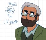  1boy aged_up averting_eyes bara beard bespectacled brown_hair character_request cropped_shoulders dark-skinned_male dark_skin doodle_inset english_text facial_hair frown full_beard glasses grey_hair head_tilt jacket joseph_(scott_pilgrim) male_focus mature_male multicolored_hair null_(mr_not_null) scott_pilgrim_(series) scott_pilgrim_takes_off short_hair solo thick_beard thick_eyebrows two-tone_hair 