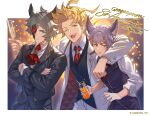  3boys anniversary arm_around_neck ascot black_hair black_jacket black_pants black_vest blonde_hair champagne_flute closed_mouth coat collared_shirt company_name contemporary crossed_arms cup drinking_glass drinking_straw erune feower_(granblue_fantasy) gloves granblue_fantasy green_eyes grimace hair_ornament half_mask highres holding holding_cup jacket long_sleeves looking_at_viewer male_focus mask mole mole_under_eye multiple_boys official_art one_eye_closed open_clothes open_coat open_mouth pants purple_hair purple_vest red_ascot seofon_(granblue_fantasy) seox_(granblue_fantasy) shirt short_hair sleeves_rolled_up smile upper_body v-shaped_eyebrows vest white_coat white_gloves white_legwear white_shirt 