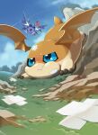  angry bandage bandai_namco blue_eyes bodily_fluids chibi claws crying_laughing demidevimon digimon digimon_(species) duo feral flying hi_res laugh patamon tears toyuri_angrm wings 