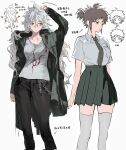  2girls ahoge black_pants black_skirt breast_pocket breasts brown_eyes chain danganronpa_(series) danganronpa_2:_goodbye_despair feet_out_of_frame genderswap genderswap_(mtf) green_jacket green_necktie grey_hair grey_shirt hair_between_eyes highres hinata_hajime jacket kiyoshi_st komaeda_nagito large_breasts long_hair long_sleeves multiple_girls necktie open_clothes open_jacket pants pleated_skirt pocket ponytail print_shirt shirt short_hair short_sleeves simple_background skirt smile translation_request white_background zettai_ryouiki 