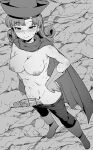  1girl abs alena_(dq4) bar_censor blush boots breasts cape censored closed_mouth curly_hair dragon_quest dragon_quest_iv earrings futanari gloves greyscale hand_on_hip hat highres jewelry large_breasts long_hair looking_at_viewer makin_tama monochrome nipples penis short_hair smile solo standing sweat 
