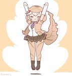  1girl arms_up baweng_satanic_leaf_gecko_(kemono_friends) brown_background closed_eyes coroha elbow_gloves full_body gloves grey_hair hood jacket jumping kemono_friends kemono_friends_3 looking_at_viewer pantyhose shirt shoes short_hair simple_background skirt solo tail 