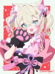  1girl :d animal_ear_fluff animal_hands belt black_sash blonde_hair blue_eyes dog_paws fang floral_print_kimono flower hair_flower hair_ornament highres hinata_hirune hololive hololive_english japanese_clothes kimono mococo_abyssgard mococo_abyssgard_(new_year) multicolored_hair obi official_alternate_costume open_mouth pink_belt pink_hair pink_kimono sash skin_fang sleeveless sleeveless_kimono smile solo streaked_hair twintails virtual_youtuber 