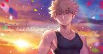  bakugou_katsuki black_tank_top blonde_hair boku_no_hero_academia closed_mouth highres male_focus multiple_boys muscular muscular_male red_eyes seoltang_(nitro_sugar) short_hair smile spiked_hair sunset tank_top 