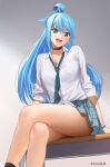  1girl :d a1 aqua_(konosuba) bead_bracelet beads black_choker blue_eyes blue_hair blue_necktie blue_skirt bracelet breasts choker commentary_request cosplay crossed_legs gradient gradient_background grey_background hair_rings highres jewelry kitagawa_marin kitagawa_marin_(cosplay) kono_subarashii_sekai_ni_shukufuku_wo! legs long_hair medium_breasts necktie open_mouth plaid plaid_skirt school_uniform skirt smile solo sono_bisque_doll_wa_koi_wo_suru thighs twitter_username 