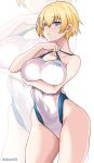  1girl absurdres aiuti blonde_hair blue_eyes breasts clothes_writing collarbone competition_swimsuit contrapposto cowboy_shot girls&#039;_frontline highleg highleg_swimsuit highres large_breasts mole mole_under_eye one-piece_swimsuit short_hair simple_background solo standing swimsuit twitter_username vsk-94_(girls&#039;_frontline) white_background white_swimsuit zoom_layer 