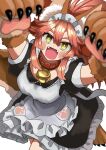  1girl @_@ alternate_costume animal_ear_fluff animal_ears animal_hands apron artist_request bell blush_stickers breasts cat_paws collar enmaided eyebrows_visible_through_hair fangs fate/grand_order fate_(series) fox_ears fox_girl fox_tail frilled_apron frills gloves hair_between_eyes hair_ribbon highres jingle_bell large_breasts long_hair looking_at_viewer looking_up maid maid_apron maid_headdress neck_bell open_mouth paw_gloves paw_shoes pink_hair ponytail red_eyes red_ribbon ribbon simple_background solo tail tamamo_(fate) tamamo_cat_(fate) waist_apron white_apron white_background yellow_eyes 