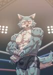 2024 abs absurd_res anthro barazoku beastars biceps big_muscles blush bodily_fluids bottomwear bulge canid canine canis claws clenched_teeth clothed clothing deltoids eyebrows fighting_ring fur hand_wraps hi_res inside legoshi_(beastars) male mammal muscular muscular_anthro muscular_male nervous nipples pecs quads scar shorts smile solo soonsky_kumu standing sweat teeth topless topless_anthro topless_male tuft vein veiny_muscles wolf wraps wrestler