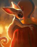 1boy aang animal animal_ears avatar_(series) bald blurry blurry_background cape closed_mouth devin_elle_kurtz from_behind highres looking_at_viewer male_focus momo_(avatar) multicolored_background on_shoulder red_cape signature tail tattoo 