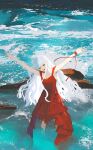  1girl absurdres colored_skin dress highres jewelry long_hair ocean open_mouth original outdoors parai0 red_dress ring rock skinny smile soaking_feet solo very_long_hair water waves white_hair white_skin 