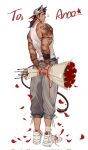  1boy bara bouquet closed_mouth commentary flower from_side highres jiecaoxiong looking_at_viewer male_focus mature_male muscular muscular_male original profile sleeveless smile solo tank_top tattoo white_tank_top 