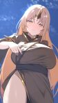  1girl ahonoko alternate_costume blonde_hair blue_sky blush breasts dress fire_emblem fire_emblem_heroes forehead_jewel gold_trim grey_dress grey_hair groin gullveig_(fire_emblem) highres horns huge_breasts large_breasts long_hair looking_at_viewer looking_down multicolored_hair pale_skin pelvic_curtain short_sleeves side_slit single_horn sky solo thick_thighs thighs two-tone_hair very_long_hair yellow_eyes 