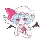  1girl :t artist_name bat_wings blue_hair closed_mouth collared_shirt commentary_request cropped_torso detached_wings frilled_shirt_collar frills hand_up hat hat_ribbon highres looking_at_viewer m_(m073111) mob_cap pink_eyes pink_ribbon puffy_short_sleeves puffy_sleeves remilia_scarlet ribbon shirt short_hair short_sleeves simple_background solo touhou white_background white_headwear white_shirt wings 