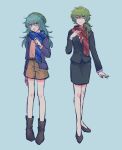  2girls :d ai_shin aqua_eyes aqua_hair arm_at_side beanie belt black_footwear black_jacket black_suit blue_background blue_jacket blush boots brown_belt brown_shorts buttons clenched_hand closed_mouth commentary_request dot_nose full_body genderswap genderswap_(mtf) green_hair green_headwear hair_over_shoulder hand_up hat high_heels hiyori_sou jacket kimi_ga_shine lapels layered_sleeves legs_apart legs_together long_hair long_sleeves low_ponytail medium_hair midori_(kimi_ga_shine) multiple_girls necktie open_clothes open_jacket open_mouth pencil_skirt polka_dot polka_dot_scarf pumps red_necktie red_scarf scarf shirt shorts simple_background skirt skirt_suit smile standing suit suit_jacket uououoon yellow_shirt 