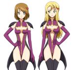  2girls absurdres bat_hair_ornament black_thighhighs blonde_hair blue_eyes breasts brown_hair cape cleavage closed_mouth code_geass elbow_gloves gloves green_eyes hair_ornament hand_on_own_hip highres large_breasts liliana_vergamon long_hair looking_at_another looking_at_viewer marika_soresi multiple_girls pilot_suit purple_gloves short_hair simple_background small_breasts smile thighhighs uechan94 white_background 