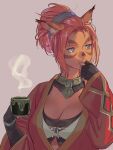  1girl absurdres adventurer_(ff11) animal_ear_fluff animal_ears black_gloves breasts cat_ears cat_girl cleavage cup final_fantasy final_fantasy_xi fingerless_gloves gloves hand_to_own_mouth hands_up highres holding holding_cup long_sleeves medium_breasts mithra_(ff11) mug no_eyebrows orange_hair purple_background purple_eyes short_hair simple_background solo steam upper_body yuccoshi 