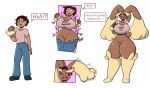 absurd_res anthro big_breasts body_size_growth breast_growth breasts brown_body brown_eyes brown_fur brown_hair clothed clothing colored confusion dialogue ear_growth english_text female fur gender_transformation generation_4_pokemon growth hair hair_shrinking hi_res human long_ears lopunny male mammal mtf_transformation nintendo open_mouth pink_eyes pokemon pokemon_(species) quickcast sequence size_transformation solo species_transformation speech_bubble surprised_expression tail tail_growth text thick_thighs torn_clothing transformation