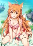  1girl :d ahoge animal_ears bare_shoulders barefoot bikini blush bow breasts cleavage collarbone commentary english_commentary flower fox_ears fox_girl fox_tail kageira kawaii_nihongo kitsune long_hair looking_at_viewer medium_breasts multiple_tails navel open_mouth orange_hair red_bow riko_(kawaii_nihongo) rock second-party_source sitting smile solo striped striped_bikini swimsuit tail toes very_long_hair water wrist_bow 